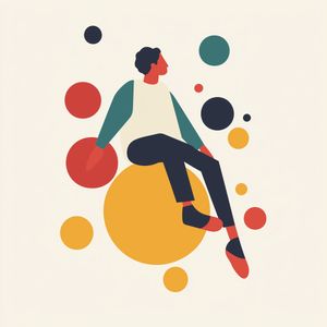 Abstract illustration style of a person sat on a circle of colour, surrounded by lots of other little circles of colour